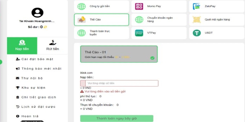 Hướng dẫn nạp-rút 99OK tiện lợi và an toàn nhất 2024 2 Thao tác nạp tiền cơ bản